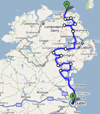 Our actual route from Giants Causeway to Dublin
