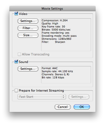 Video output settings for upload to Vimeo